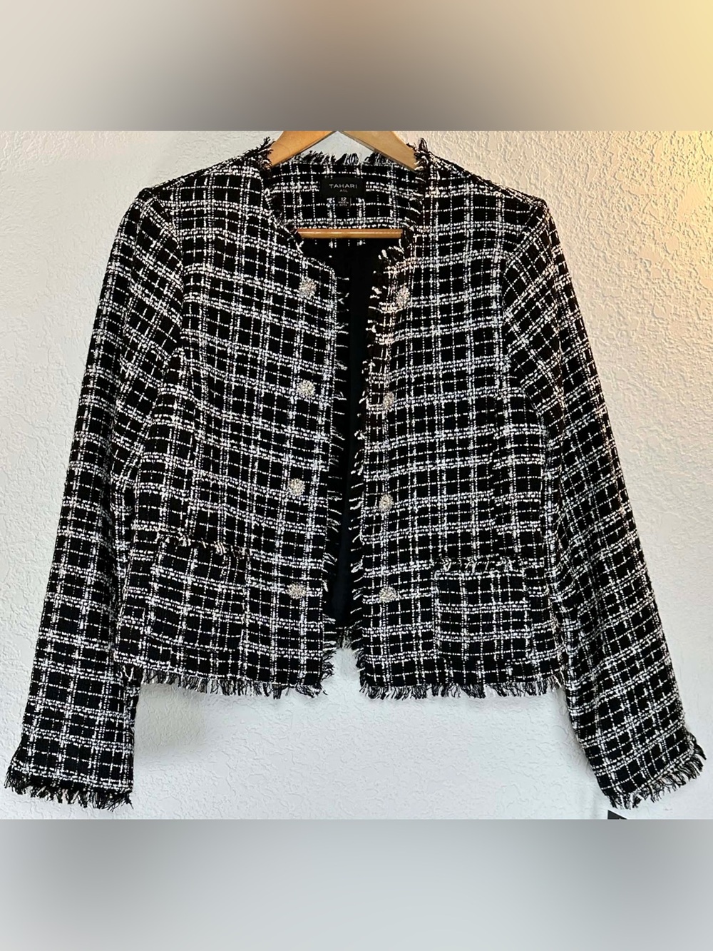 T Tahari Black & White Tweed Fringe Open-Front Jacket